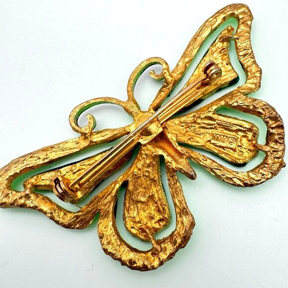 JJ Jonette Neon Green Butterfly Brooch Pin Textured Black Antenna 70s Vtg - Picture 7 of 8